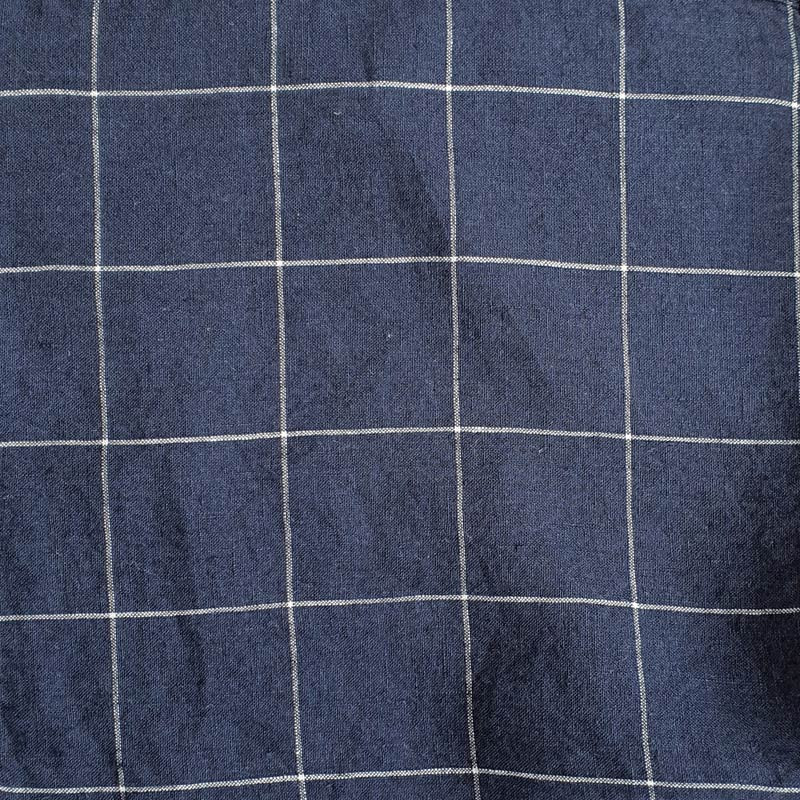 Tissu Lin Lavé Sana - Bleu Indigo à Carreaux Blancs - Largeur 145 Cm - Vendu Au Demi-mètre (50 Cm) - Pour Vêtement, Décoration