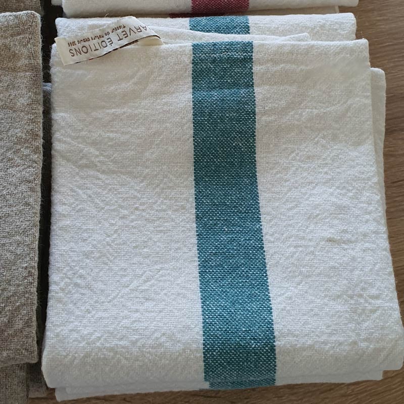 Elina white washed linen tea towel with turquoise stripe