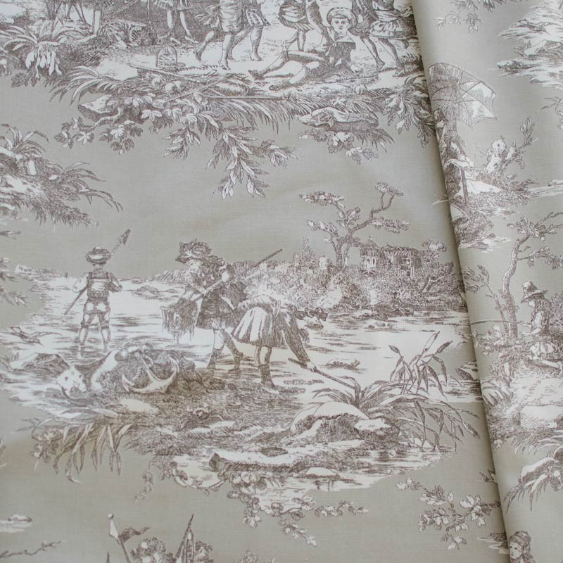 Toile de Jouy coton Histoire d'Eau sépia fond lin