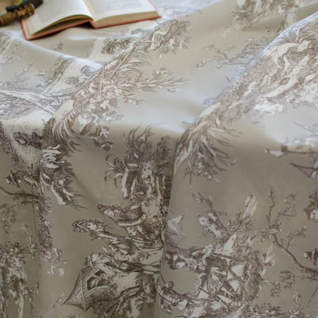 Toile De Jouy Coton Sépia Fond Lin - Thévenon - Vente Au Demi-mètre (largeur 280 Cm)